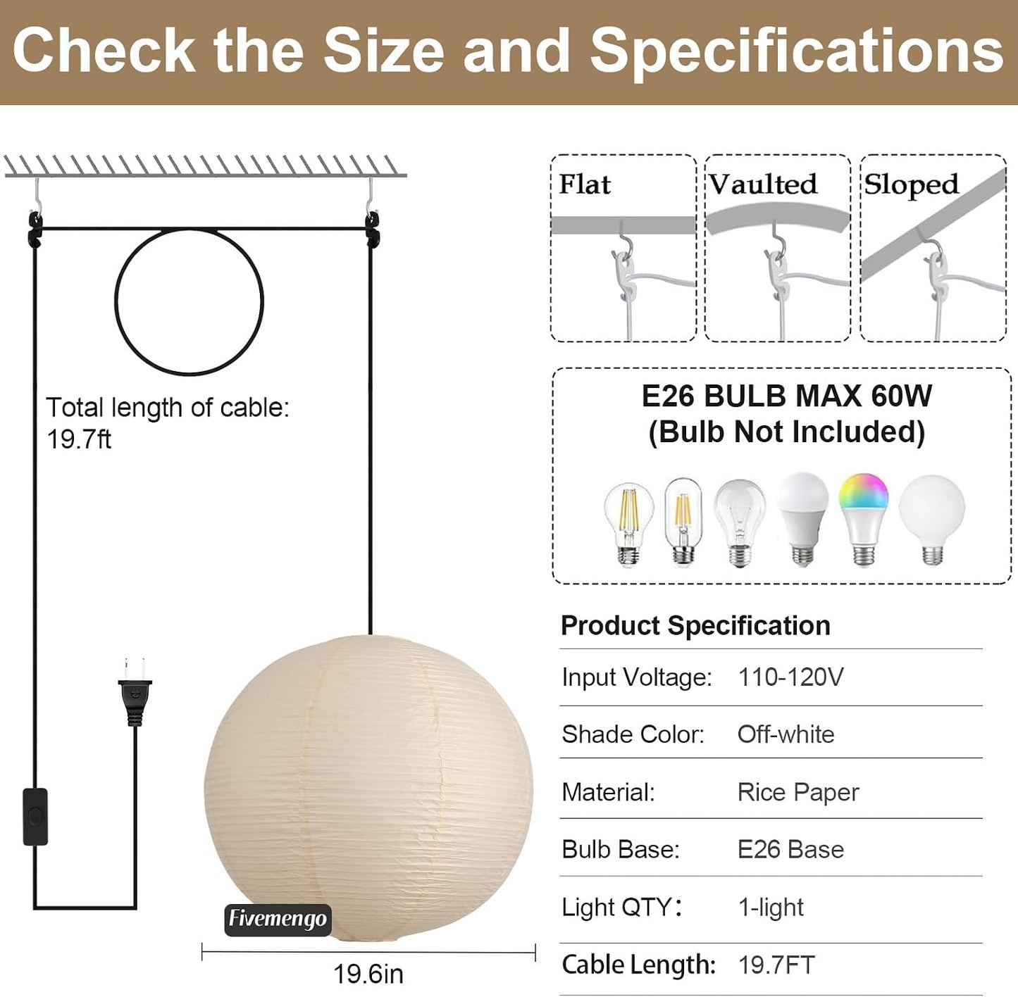 Paper Lantern Lamp Plug in Hanging Lamp 23.6in Off-White Rice Paper Pendant Light with 19.7FT Cord Large Globe Japanese Japandi Wabi Sabi Chandelier for Dining Living Room Bedroom 1 Pack