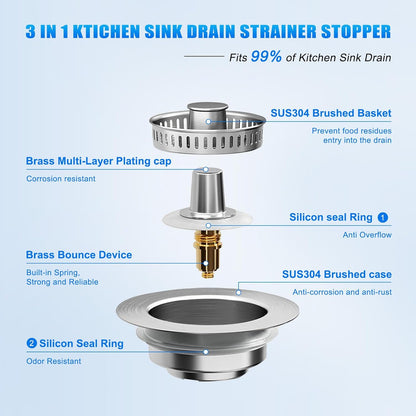Kitchen Sink Drain Strainer 3-in-1,Pop-Up Stopper & Anti-Clogging Basket - 304 Stainless Steel Sink Strainer Anti-Clogging Sink Drain Strainer for US Standard Kitchen Drain
