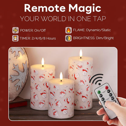 Eywamage White Real Wax Flameless Pillar Candles with Remote, Flickering Flat Top LED Battery Candles Set of 3