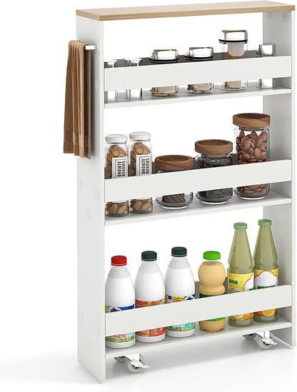 Slim Storage Rolling Cart, 4-Tier Side Out Shelving Unit with Handle, Mobile Organizer Utility Cart on Wheels for Laundry, Bathroom, Office, Kitchen, Narrow Places (White & Natural)