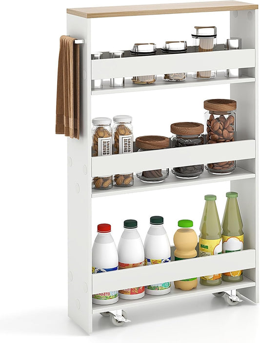 Slim Storage Rolling Cart, 4-Tier Side Out Shelving Unit with Handle, Mobile Organizer Utility Cart on Wheels for Laundry, Bathroom, Office, Kitchen, Narrow Places (White & Natural)
