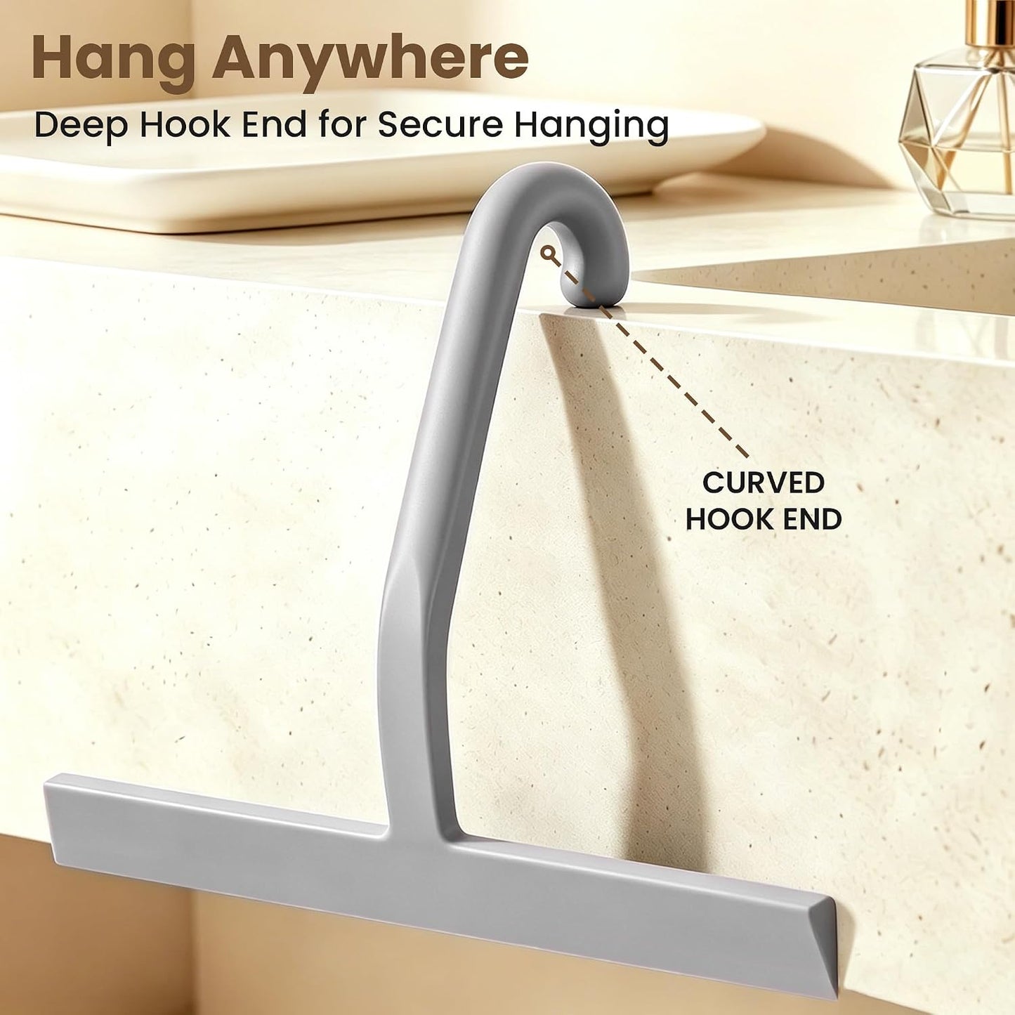 Shower Squeegee for Glass Doors - 10 Inch Bathroom Squeegee with Ergonomic Round Grip, Built-in Hook, Streak-Free No-Squeak Silicone Blade for Shower Glass, Tile Walls, Mirrors & Windows, Black