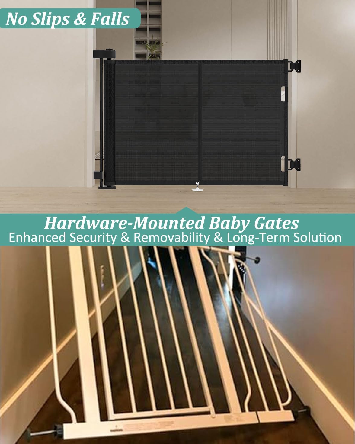 Miumoon 50 inch Retractable Baby Gates 34 inch Tall, Retractable Gate with Reinforced Strip Design to Prevent Crawling Through, Retractable Dog Gate for Stairs, Doorways, Hallways