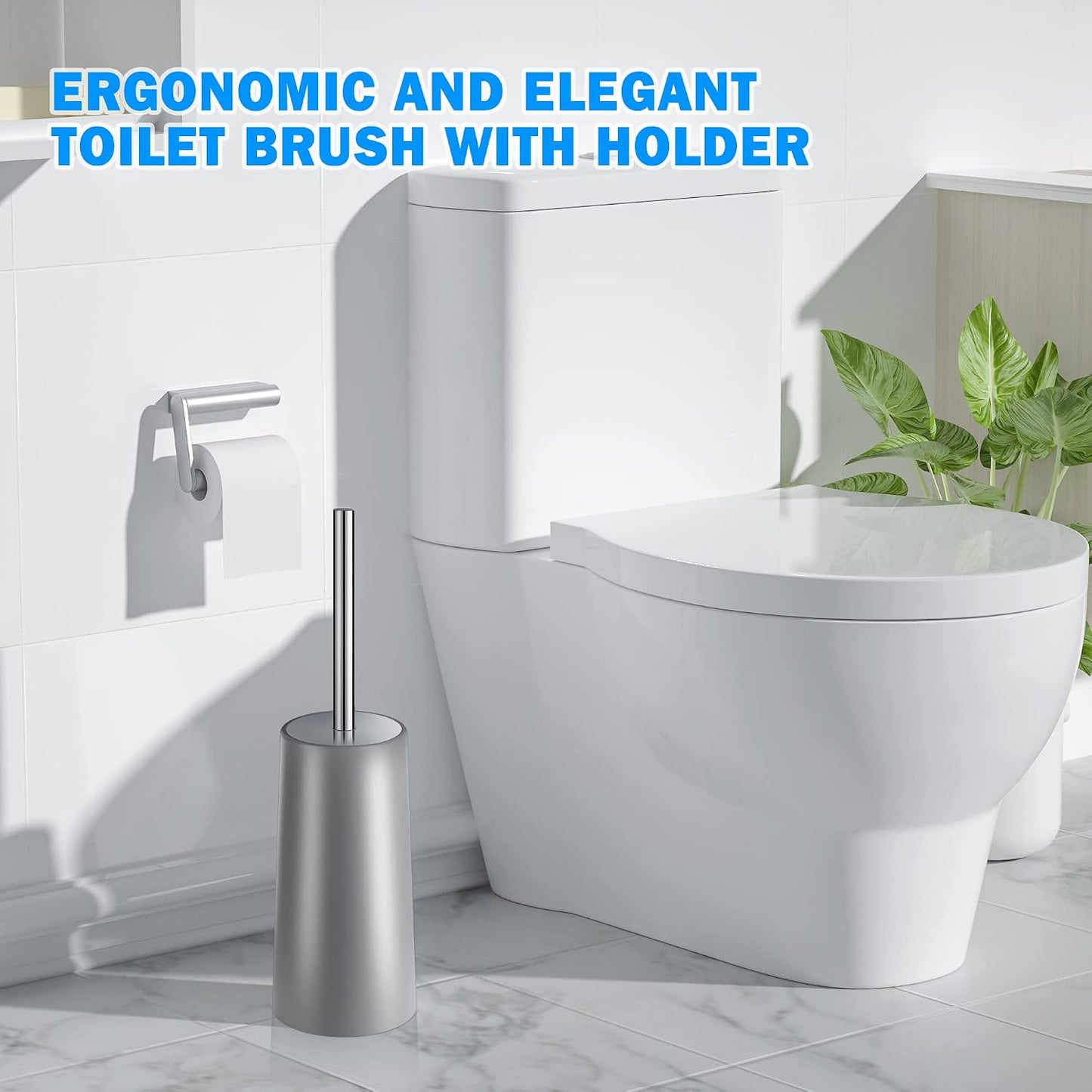 Toilet Brush and Holder, 2 Pack Toilet Brush with 304 Stainless Steel Long Handle, Toilet Bowl Brush for Bathroom Toilet-Ergonomic, Elegant,Durable (White)