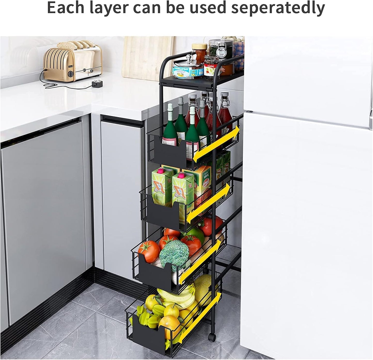 WHIFEA 5 Tier Slim Rolling Cart with Pull-Out Drawers, Multi-Layer Narrow Storage Shelf Organizer on Wheels, Metal Wire Baskets for Fruit, Dishes, Freestanding Unit for Kitchen, Bathroom, Home Office