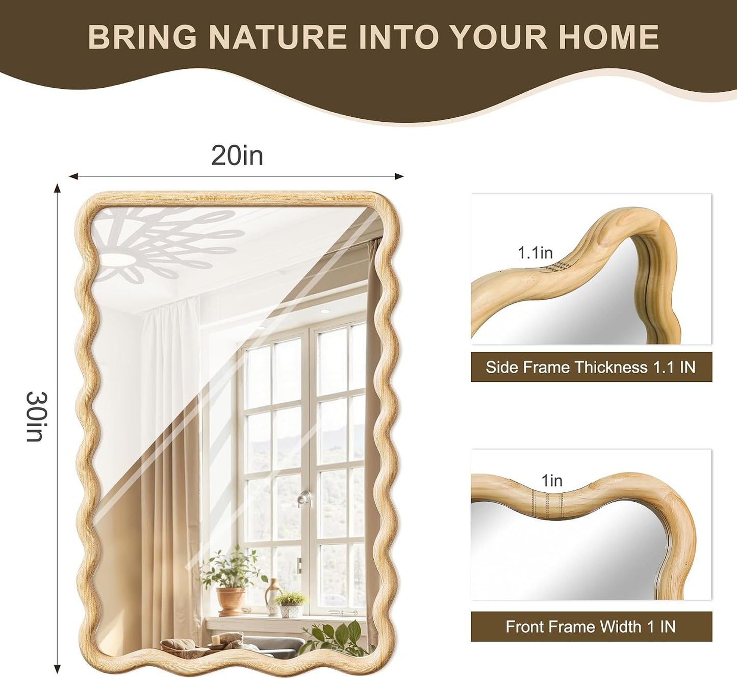 Full Length Mirror, 55"x28" Boho Wavy Wood Floor Mirror, for Bathroom, Bedroom, Living Room, Cloakroom, Entryway