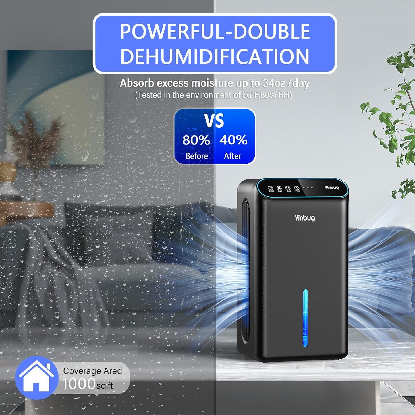 Dehumidifier for Home (98 OZ, 1000 sq ft), Small Quiet Dehumidifiers with Drain Hose, Auto Shut-Off, Sleep Mode, 3 Timer Modes, for Bedroom, Bathroom, Basement (CT6-Deep Black)
