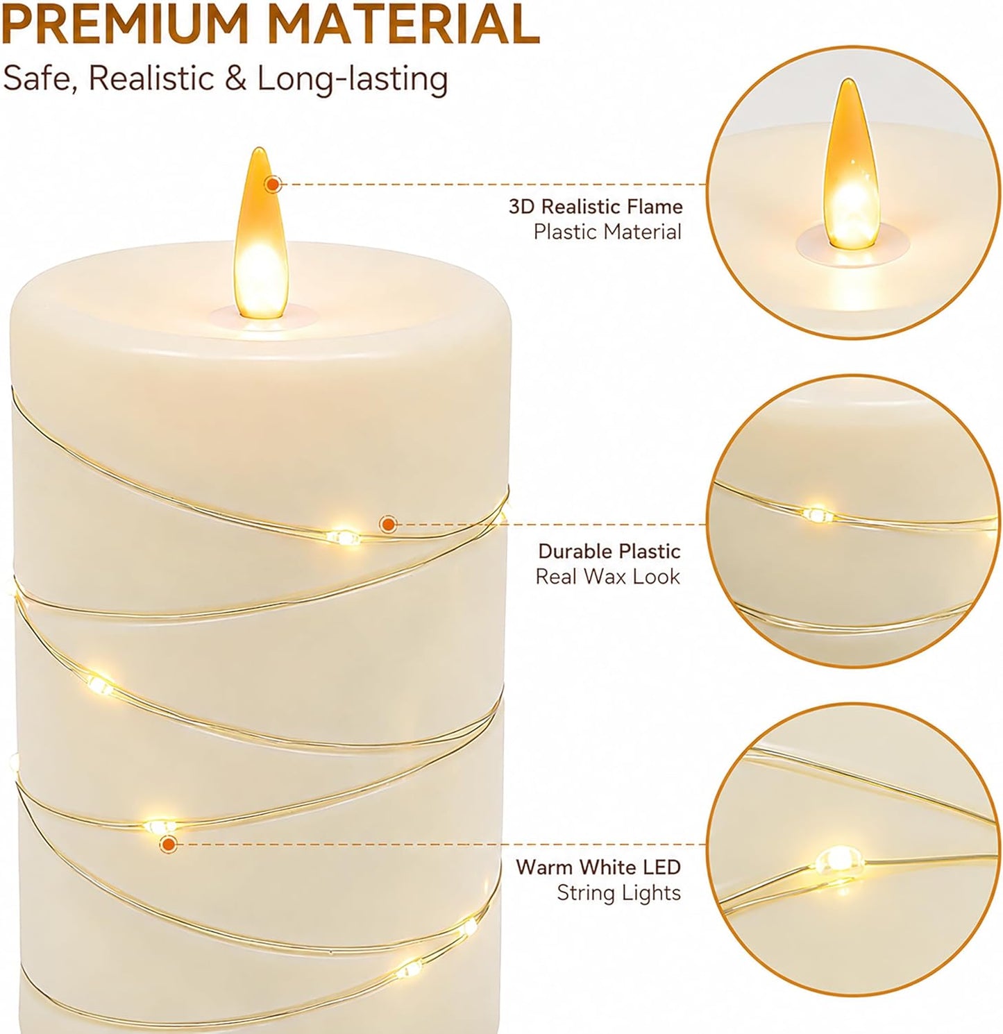 Flickering flameless candles, battery-powered, with string lights, remote control and timer functions, LED pillar candles (3-piece set) in ivory, suitable for home, party, and other decorations