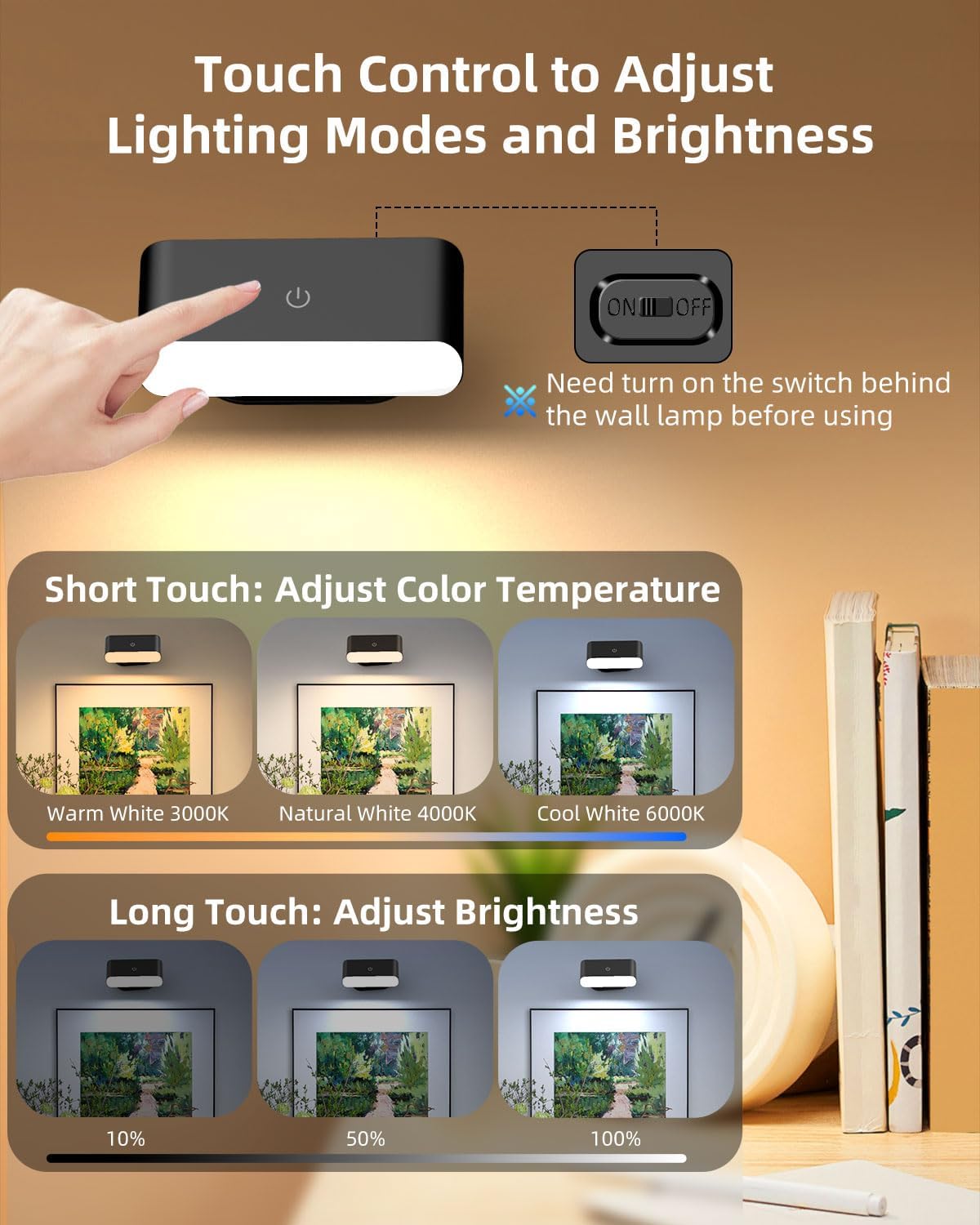 Battery Operated Wall Sconce Set of 2, Rechargeable LED Wall Mounted Light with Remote Control, Stick On Magnetic Wall Lights for Bedroom, 3 Modes Dimmable Bedside Reading Wall Lamps for Bedroom