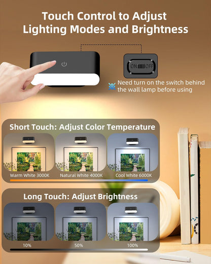Battery Operated Wall Sconce Set of 2, Rechargeable LED Wall Mounted Light with Remote Control, Stick On Magnetic Wall Lights for Bedroom, 3 Modes Dimmable Bedside Reading Wall Lamps for Bedroom