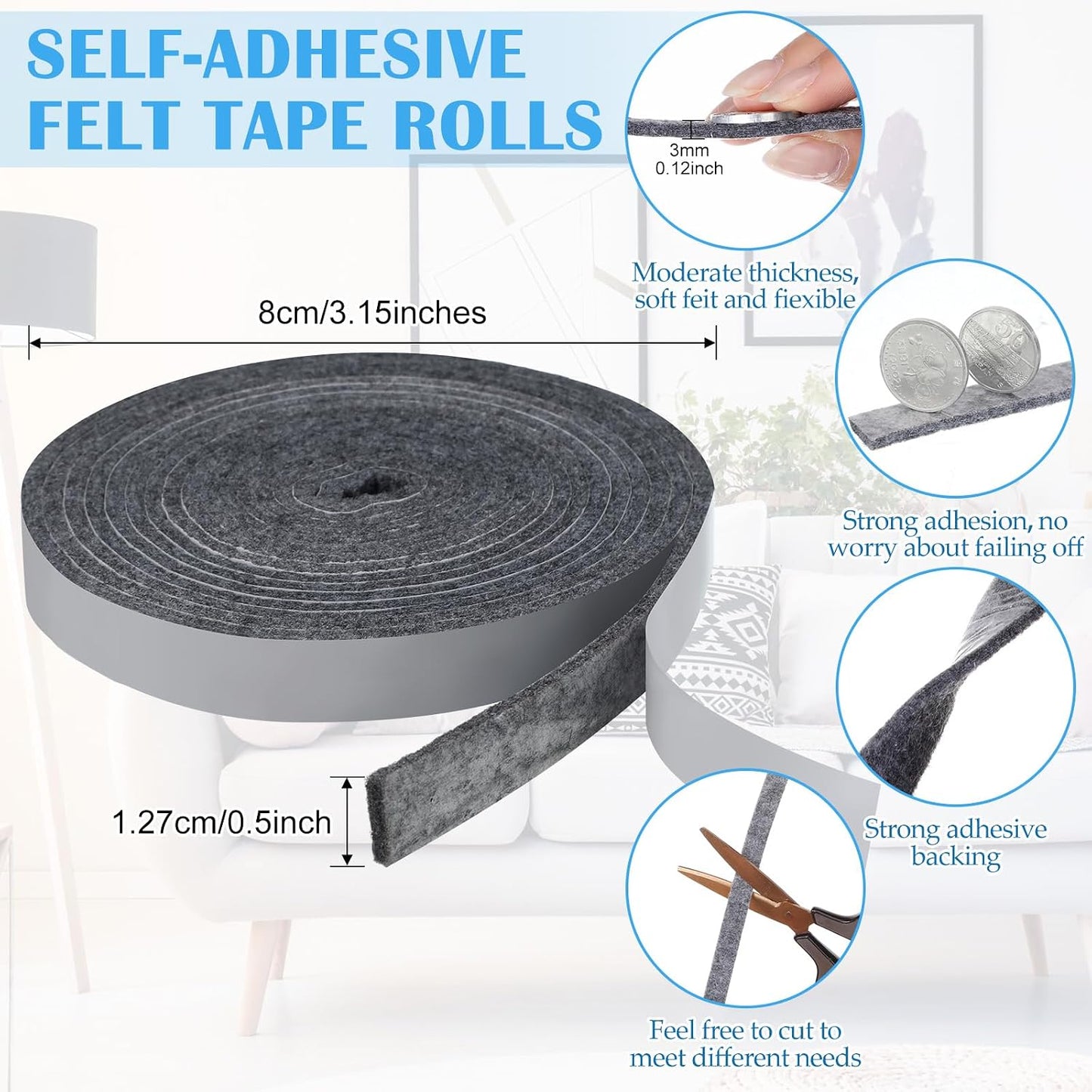 Zonon 4 Rolls 120 Inch Felt Strip with Adhesive Backing Felt Tapes Furniture Strip Rolls Self Stick Heavy Duty Polyester for Protecting Furniture and DIY Adhesive(Black,0.5 Inch)