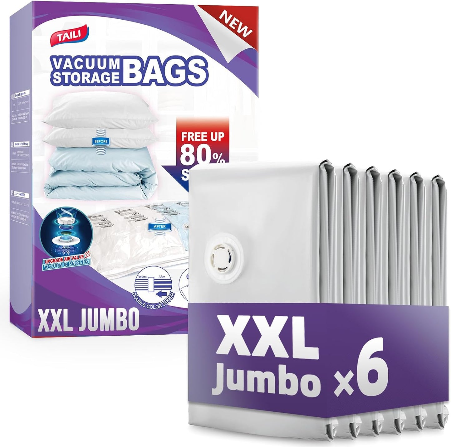 TAILI 8 Pack Jumbo Vacuum Storage Bags, 39x28 inch, LONG SIDE ZIP Vacuum Seal Bags for Clothing, Space Saver for Beddings, Comforters, Blankets, Pillows