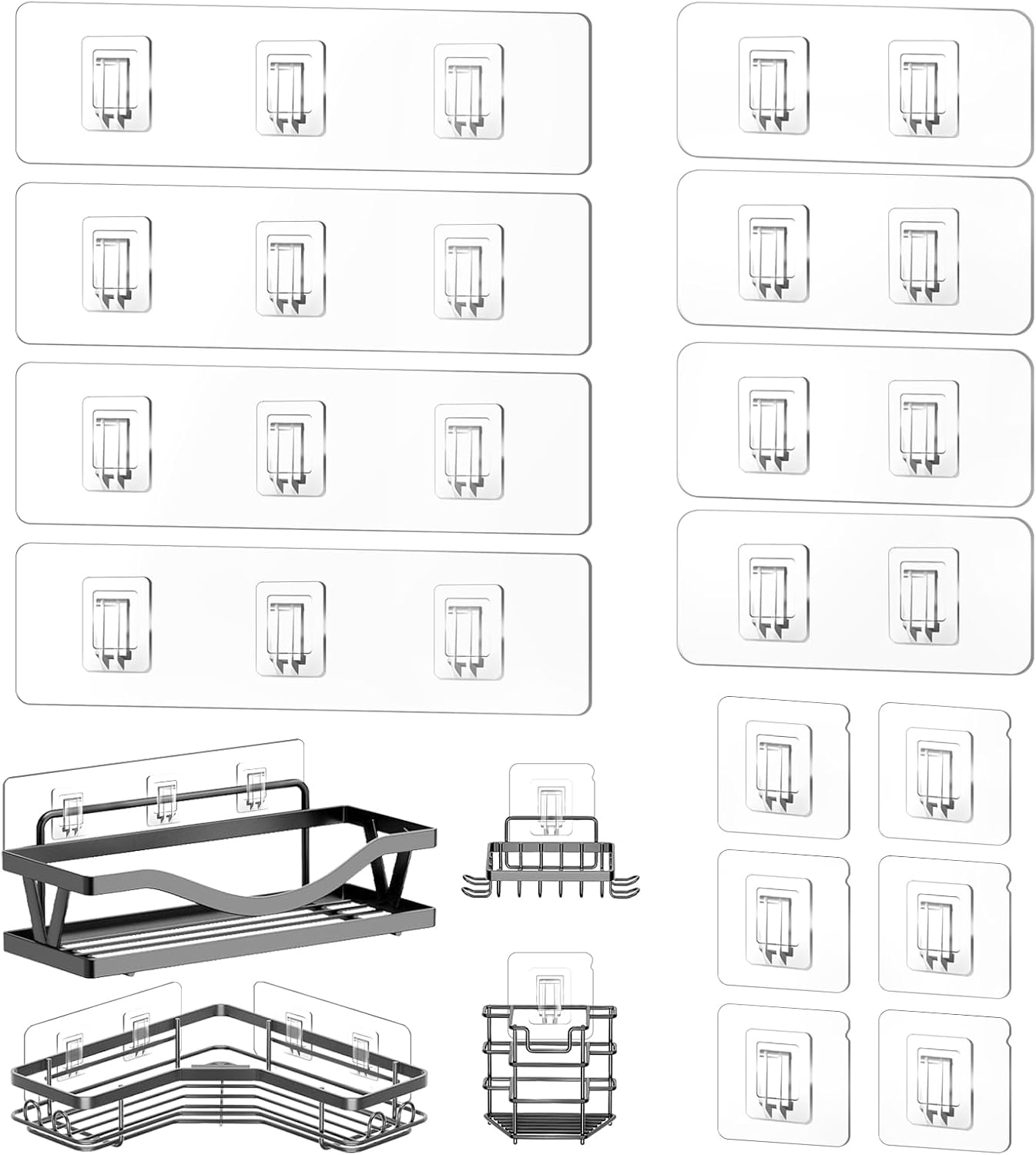 14 Pack Heavy Duty Shower Caddy Adhesive Replacement, 55 LB Hold | Up to 55 LB hold; Waterproof Shower Shelf Adhesive in 3 Hook Styles for Caddies, Shelves, Soap Holders and Racks.