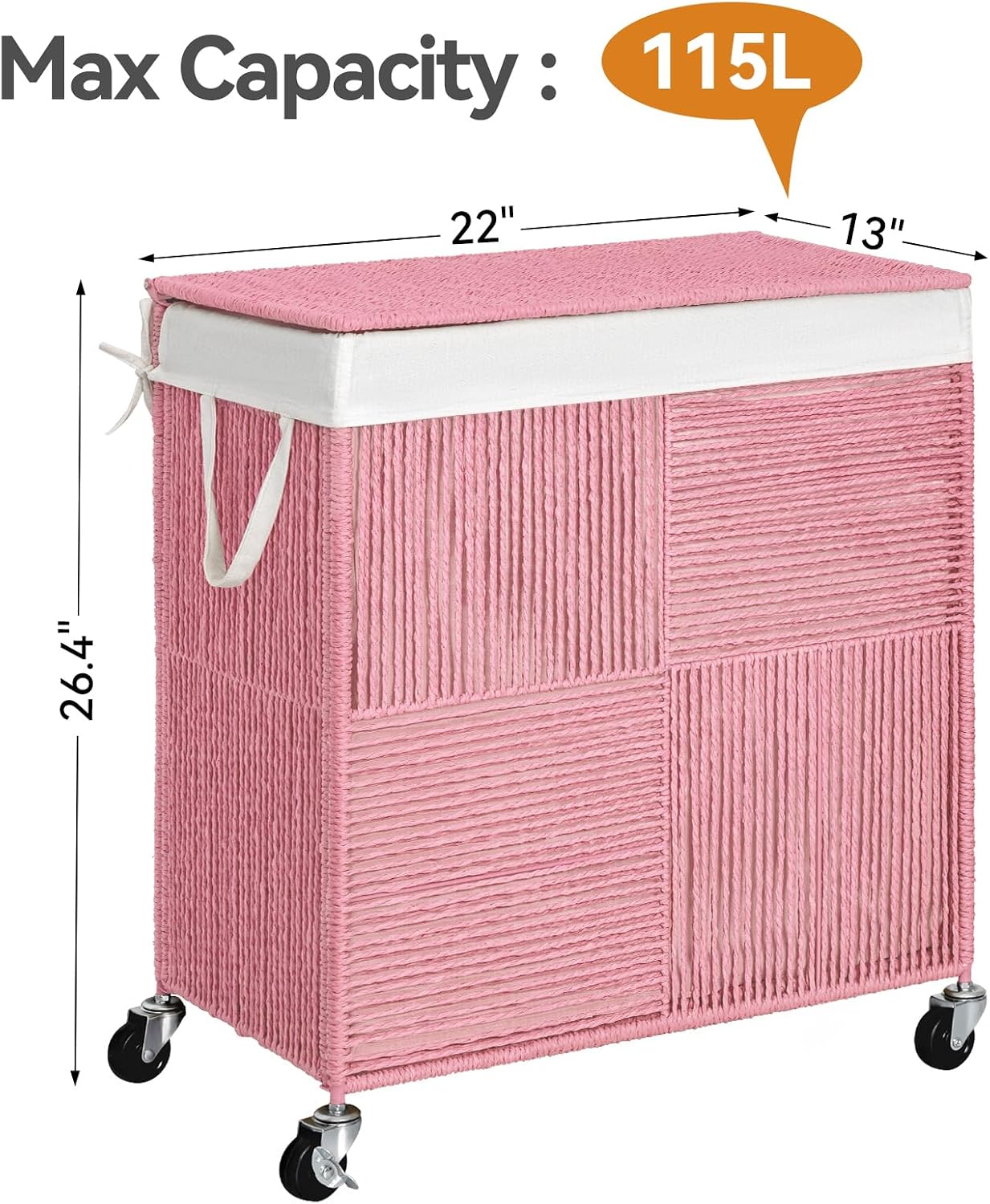 WOWLIVE Double Laundry Hamper with Lid, Handwoven Rolling Laundry Basket with Wheels, 115L Dirty Clothes Hamper with Removable Liner Bag Large Capacity Laundry Sorter Laundry Room Organization,Natural