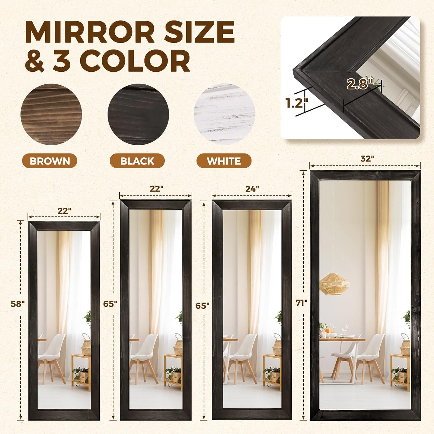 Solid Wood Full Length Mirror - 65"x22" Arched Floor Mirror, Free Standing & Wall Mounted - Elegant Design for Bedroom, Dressing Room, Hallway, Brown