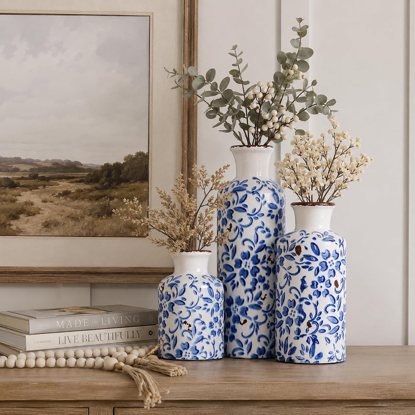 Ceramic Vase Set of 3 – Small Flower Vases, Modern Farmhouse Boho Flower Vases for Home Decor, Rustic Pottery Vases for Centerpieces, Living Room, Shelf, Fireplace, Entryway Decor, Table or Cabinet