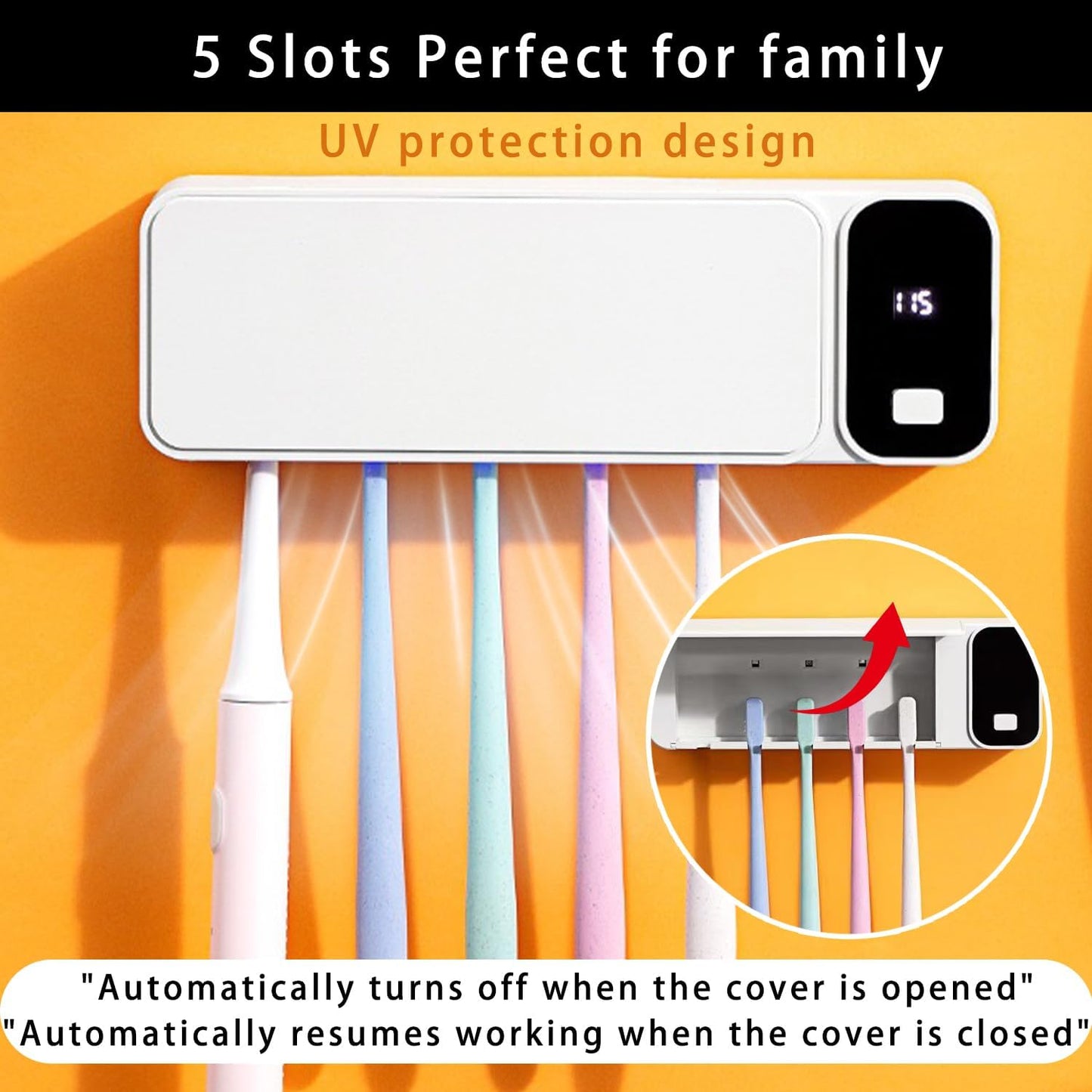 Toothbrush Cleaner with 5 Slots, Rechargeable Wall Mounted Toothbrush Holders for Bathroom Family, No Drilling Smart Timer Function Auto Cleaning, Birthday Gift Pick