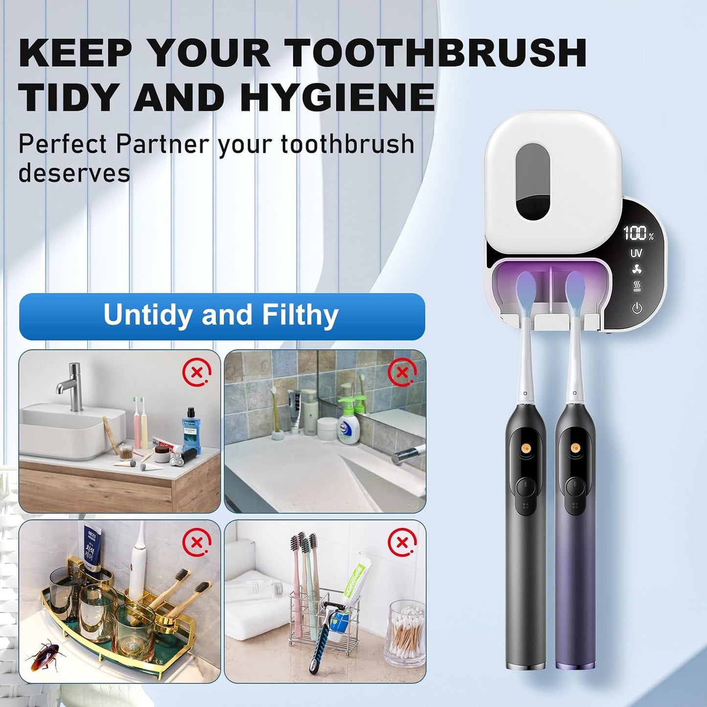 Upgraded Toothbrush Cleaner Holder Wall Mounted, Razor Electric Toothbrush Holder for Bathroom, LED Smart Screen, with Auto-Inductive Cover, Air Drying and 60-Degree Drying, for Home, Travel