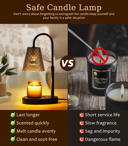 Candle Warmer Lamp with Timer - Electric Candles Wax Warmers Glass Lamps for Jar Candles Burner Adjustable Height and Dimmable Light Modern No Flame Scented Candle Warming Lantern, Amber