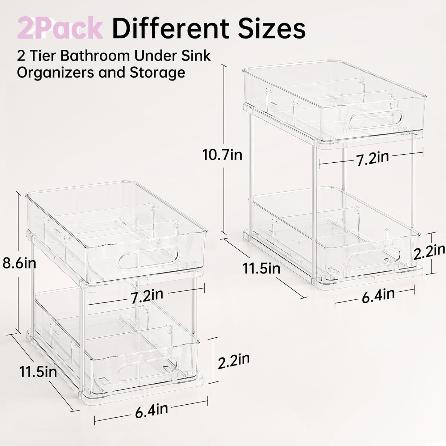 Delamu 2 Tier Under Sink Organizer Bathroom, Bathroom Cabinet Organizer with Snap-Lock Design and Hooks, Pull Out Storage with Movable Dividers, for Countertop, Kitchen and Pantry (Clear, 2 Pack)
