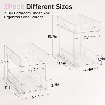 Delamu 2 Tier Under Sink Organizer Bathroom, Bathroom Cabinet Organizer with Snap-Lock Design and Hooks, Pull Out Storage with Movable Dividers, for Countertop, Kitchen and Pantry (Clear, 2 Pack)