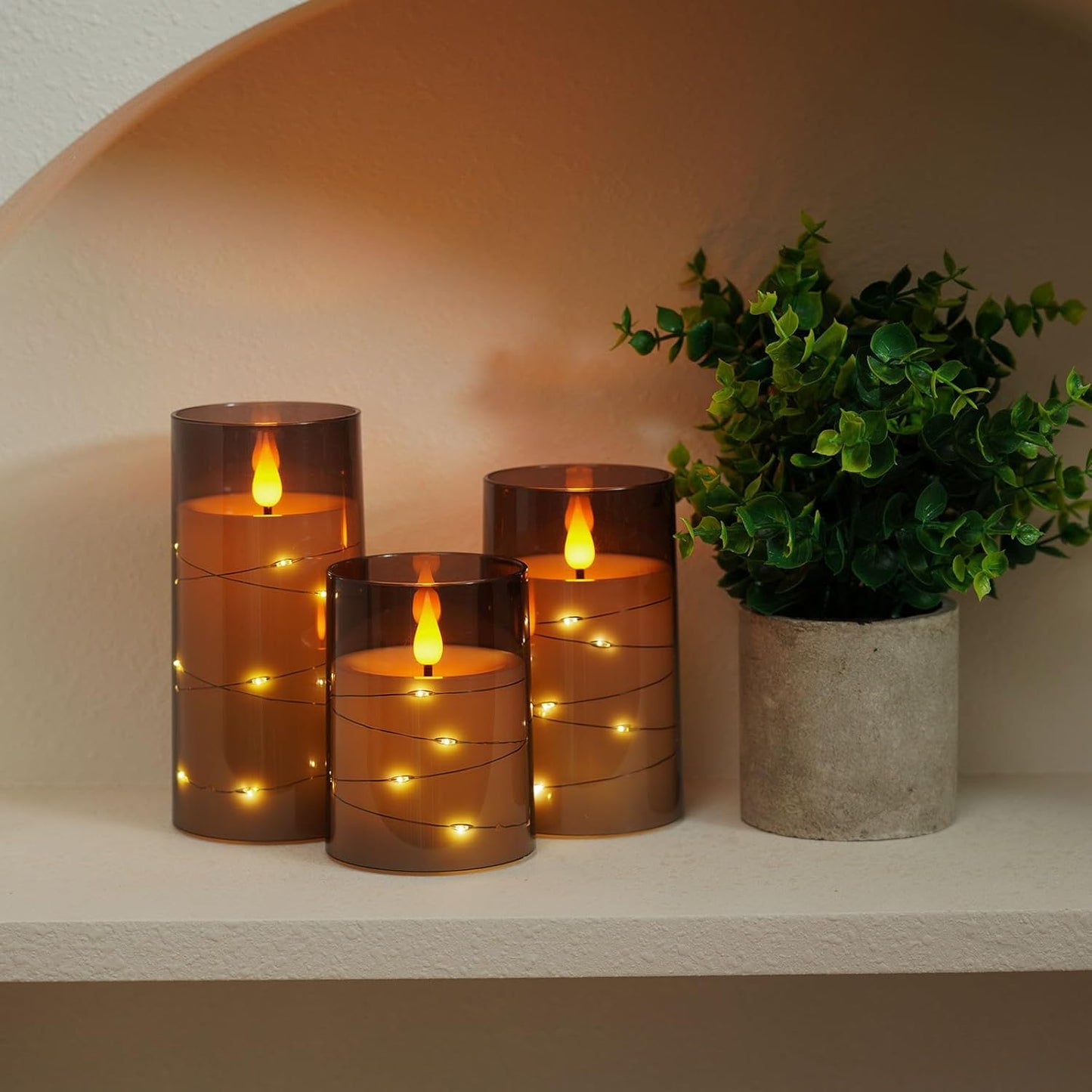Amagic Red Flameless Candles 3 Set, Flickering Battery Operated Candles Embedded Fairy String Light, Realistic Pillar Candle with Remote Control and Timer, Acrylic, D3 x H4 5" 6"