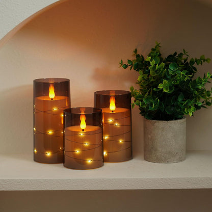 Amagic Red Flameless Candles 3 Set, Flickering Battery Operated Candles Embedded Fairy String Light, Realistic Pillar Candle with Remote Control and Timer, Acrylic, D3 x H4 5" 6"