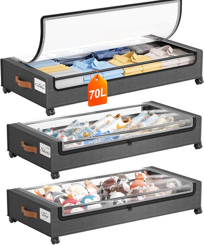 Yecaye Under Bed Storage with Wheels, 2 Pack Under Bed Storage Containers, 60L Underbed Shoe Storage with Clear Window & Label, Rolling Under Bed Metal Drawer for Clothes, Shoes, Books, Blankets