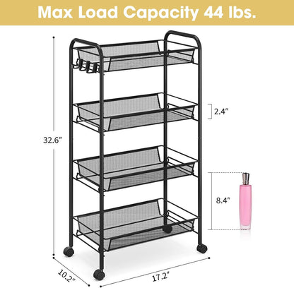 TOOLF 3-Tier Metal Rolling Cart, Mesh Wire Easy Assemble Utility Cart, Storage Trolley on Wheels with 3 Hooks, MetalStorage Shelving Units for Kitchen Bathroom Laundry Room
