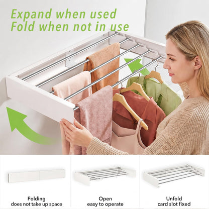 2 Pack Wall Mounted Drying Rack 23.6", Premium Carbon Steel Foldable Wall Mounted Drying Rack with 5 Rods, Wall Drying Rack Apartment, Bathroom, Indoor Outdoor Balcony, White