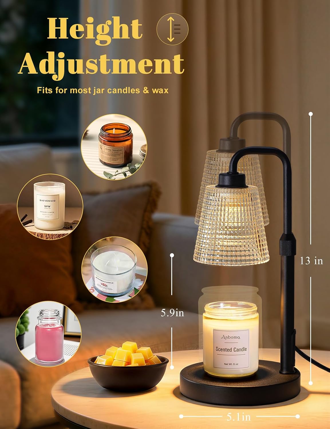 Candle Warmer Lamp with Timer Dimmable, Wax Warmer for Scented Jar Candles, Adjustable Height Candle Lamp for Home Decor, Birthday Gifts for Women Mom House Warming Gifts, Matte Black