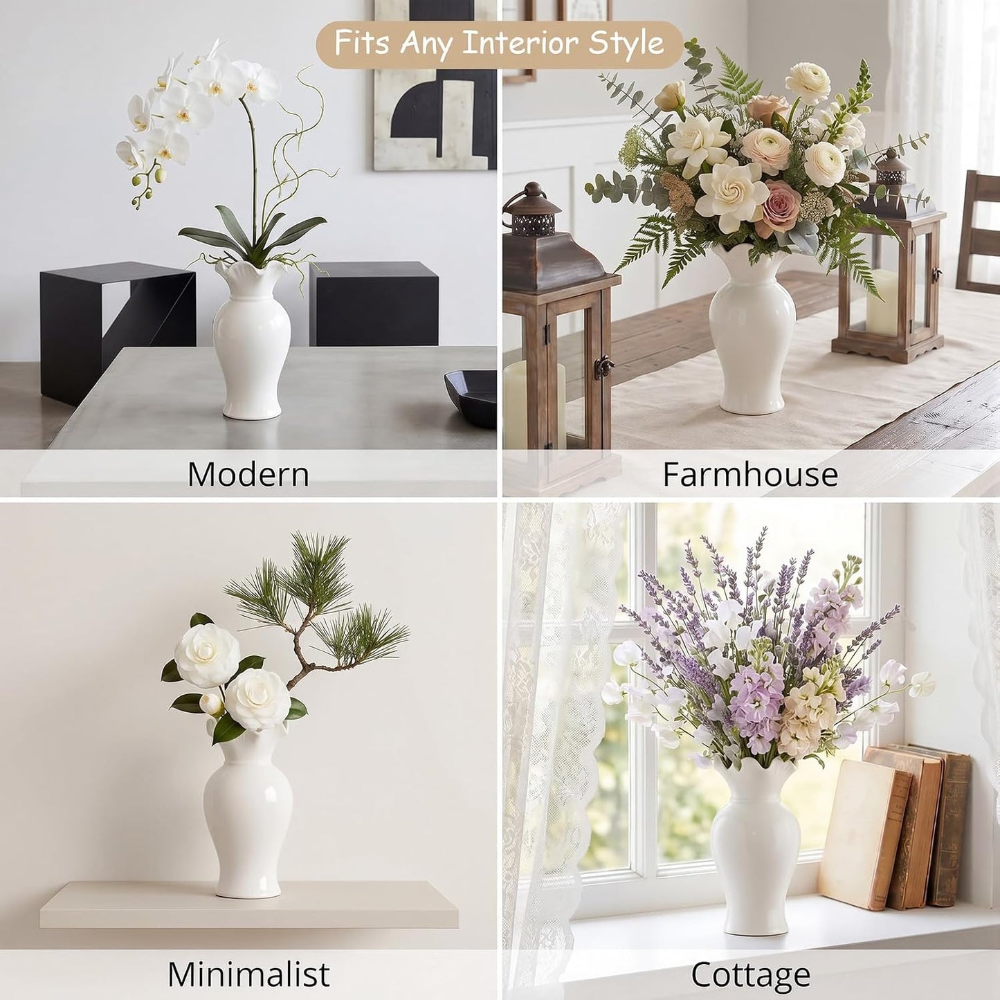 3 Pack White Ceramic Vase Set Small Rustic Decorative Vases Home Decor Wavy Edge Modern Flower Vases for Farmhouse Table Centerpiece Living Room Kitchen Bedroom (5.7,6.7,7.9in,Elegant)