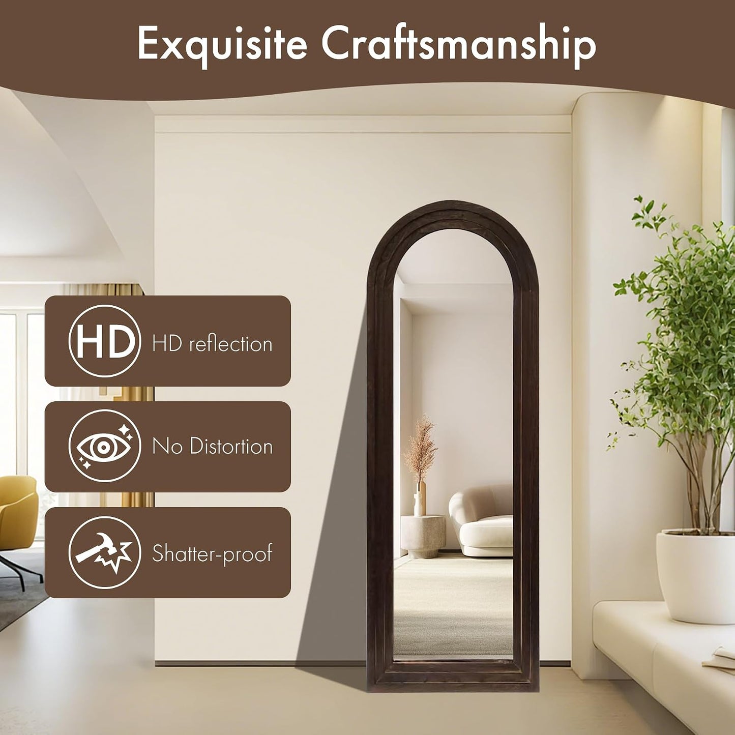 Hand-Made Wooden Spliced Full-Length Mirror with Stand, Rustic Farmhouse Mirror, Solid Wood Frame, Vertical Hanging, Leaning Standing for Bedroom, Living Room (Brown, 65" x 24", Arched)