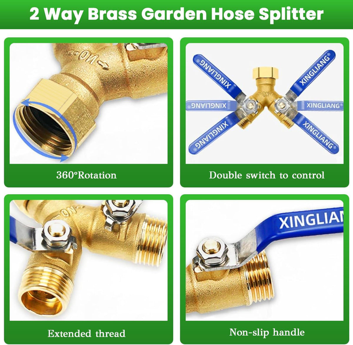 Hose Splitter, Garden Hose Splitter 2 Way with 304 Stainless Steel Long Handle, Heavy Duty Outdoor Brass Hose Splitter Y Tap Splitter 4" Extra Long Metal Handle, 3/4" GHT Thread
