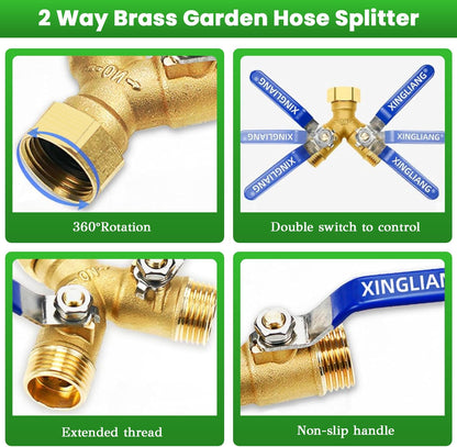 Hose Splitter, Garden Hose Splitter 2 Way with 304 Stainless Steel Long Handle, Heavy Duty Outdoor Brass Hose Splitter Y Tap Splitter 4" Extra Long Metal Handle, 3/4" GHT Thread