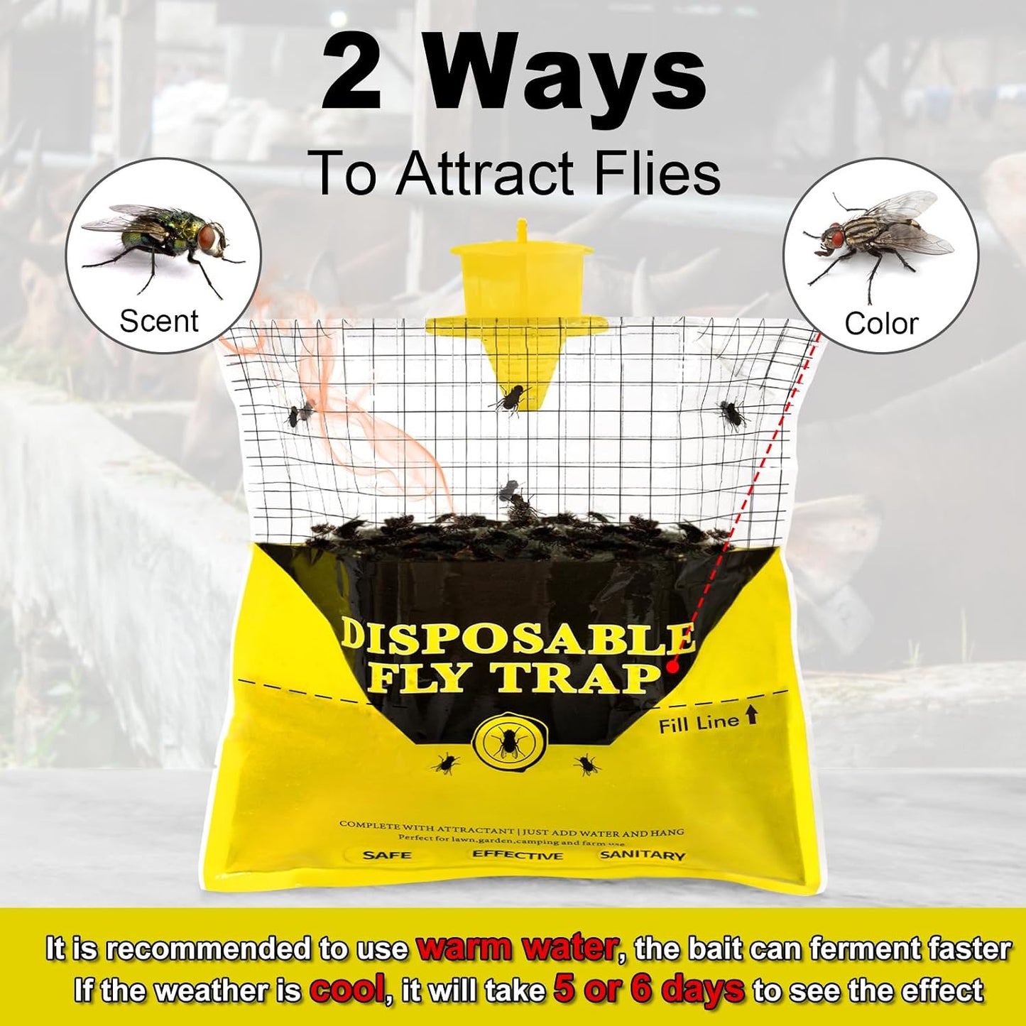 Glovv Fly Traps Outdoor Hanging with Fly Bait, 8 Pack Disposable Bags Hunter Ranch Trap, Pre-Baited Flies Bags Flies Control Bug Catcher Killer Repellent for Stable Horse Barn & Farm, All Filth Flies