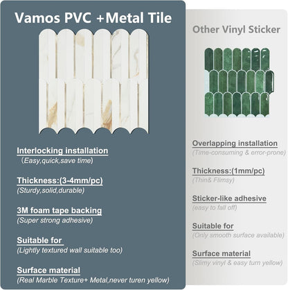 Vamos Peel and Stick Backsplash Seamless Tile for Kitchen and Bathroom,White and Beige Slate PVC Mixed Light Gold Self Adhesive Fish Scale Metal Mosaic Tiles (10 Sheets)