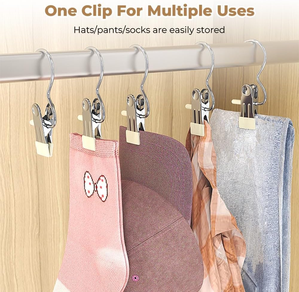 Space-Saving Clothespin Hat Pants Storage Hanging Travel Hook, Stainless Steel Boot Hangers Clips Boot Hangers for Closet, Laundry Hooks Hanging Clips Clothes Pins Socks Towel Clips (Black, 10Pcs)