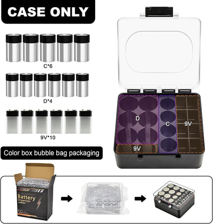 FULLCASE Plastic Battery Organizer with Tester, Battery Storage Case for AA AAA C D 9V Batteries, Portable Battery Holder Box for Home, Travel & Emergency Kits(Case Only) Black