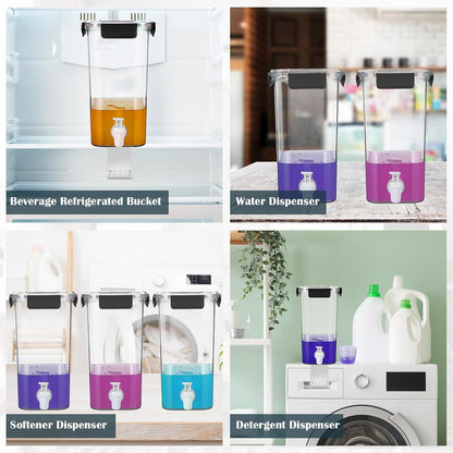 Soaoo 3 Set 67.6 oz Liquid Laundry Detergent Dispenser with Faucet and Cup Holder Labels Plastic Fabric Softener Container Detergent Drip Catcher for Laundry Room Washing Soap