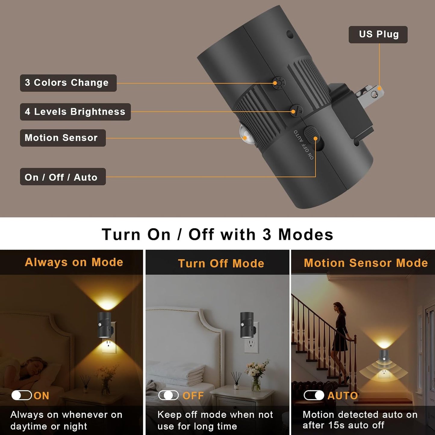 easuntec Motion Sensor Night Light, Night Lights Plug into Wall, Motion Sensor & Dusk to Dawn Sensor, 3 Light Modes, Dimmable Night Light for Bedroom Bathroom Hallway Stair (Black, 2 Pack)