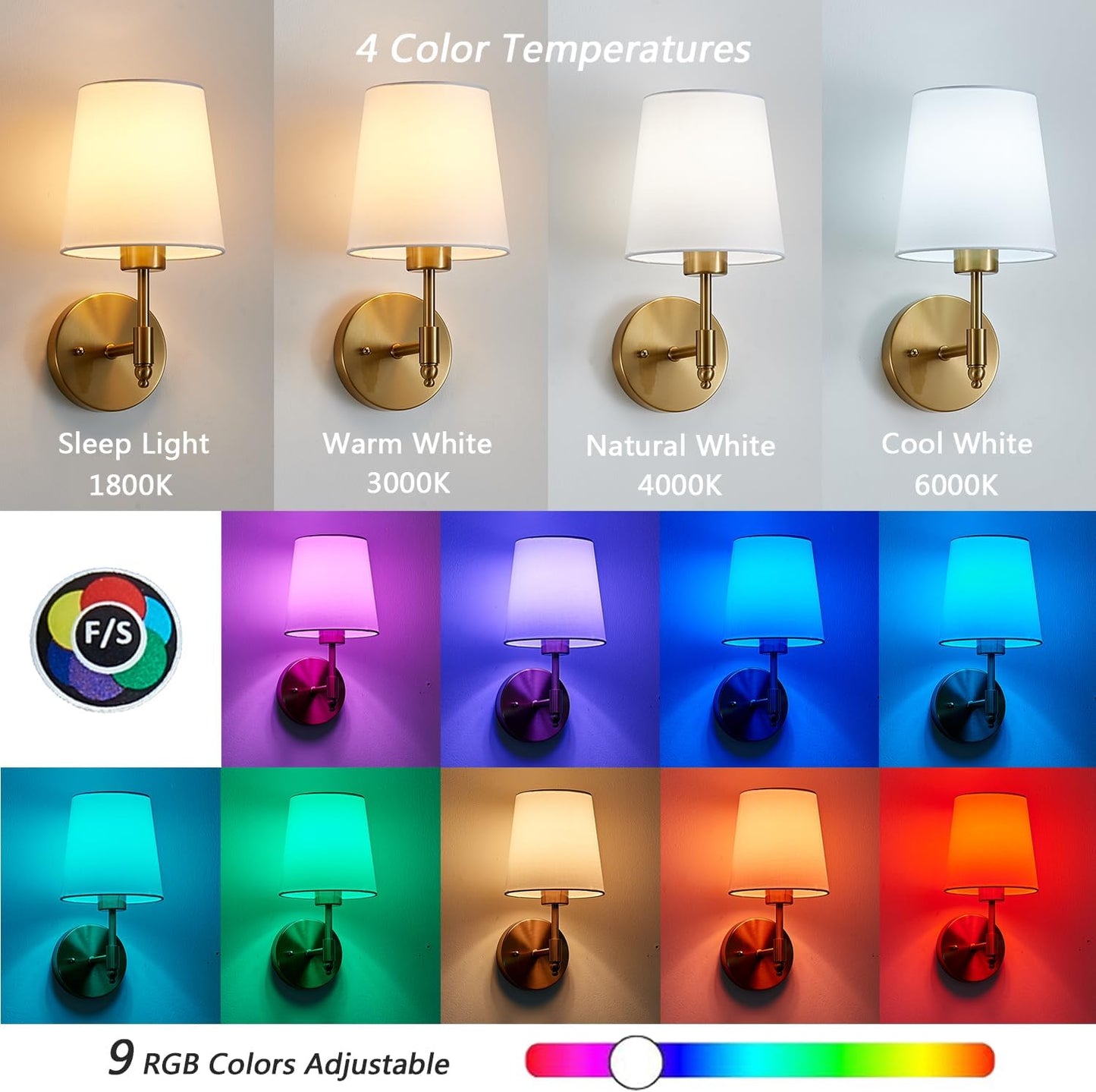 Battery Operated Wall Sconce Set of 2, Brushed Gold Rechargeable Wall Lights with Remote Control and Dimmable LED Bulbs, 13 Light Colors Wireless Wall Lamps for Bedroom Living Room Hallway (Gold)