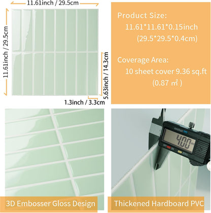 Peel and Stick Backsplash Tiles for Kitchen Bathroom - 10 Sheets 11.61" x 11.61" 3D Self Adhesive Wall Tiles Waterproof Hard PVC Ceramic Tile Easy DIY Installation Green