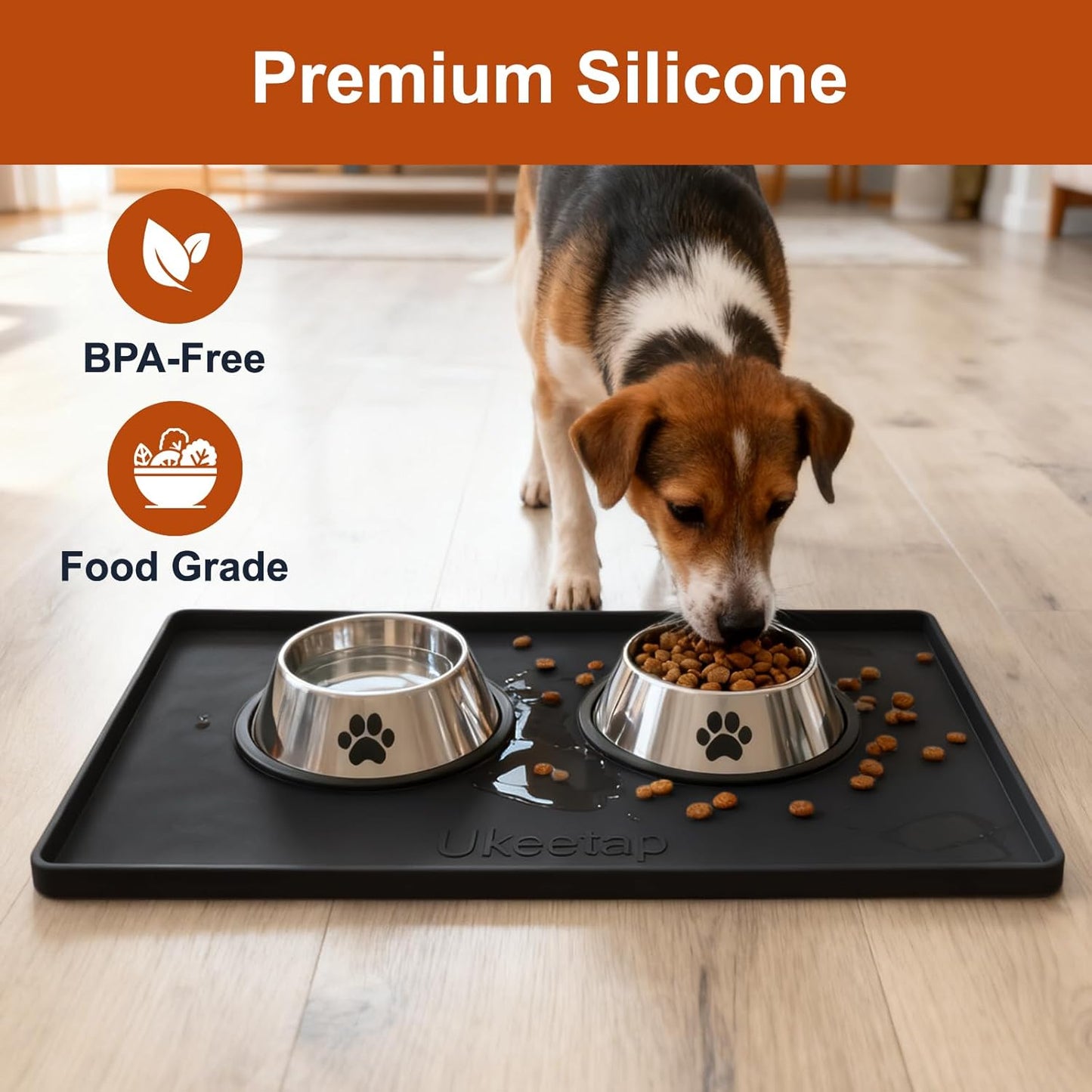 ukeetap Extra Thick Silicone Mat Waterproof with Raised Edge 19” x 12”, BPA Free Non-Slip Dog & Cat Food Mat, Feeding Mat for Food and Water Bowls, Spill Proof Mat to Protect Floors, Black