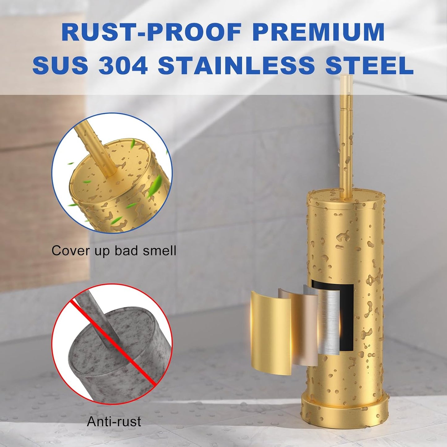 Brushed Nickel Toilet Brush and Holder Set, 304 Stainless Steel Toilet Brush for Bathroom, Heavy Duty Toilet Bowl Brush with Holder, Removable Inner Bowl and Splash Protection, Long Handle