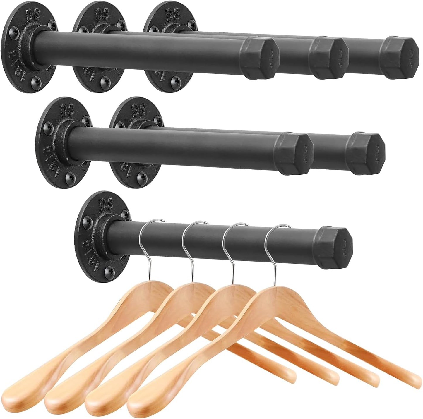 Cast Iron Wall Mounted Clothes Rack, Heavy Duty Industrial Pipe Clothing Rack for Hanging Clothes, Garment Racks for Wardrobe Organizers and Storage, DIY Closet Rods Closet Bar (Black 2 Pack, 12 in)