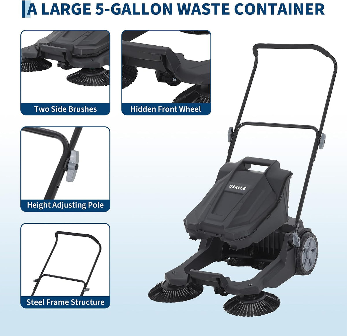 Walk-Behind Outdoor Hand Push Floor Sweeper, 25.6 Inch Wide Manual Non-Electric Sweeper with 5.25 Gallon Waste Bin, Adjustable Folding Handle Heavy Duty Yard Sweeper for Garage Patio Walkway Driveway