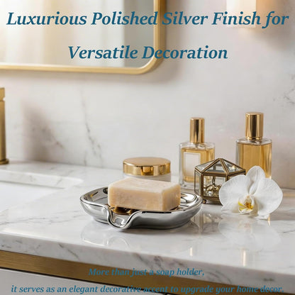 Polished Silver Soap Dish | Self-Draining Bar Soap Holder with U-Shaped Drainage, Decorative Soap Tray for Bathroom Shower & Kitchen Sink
