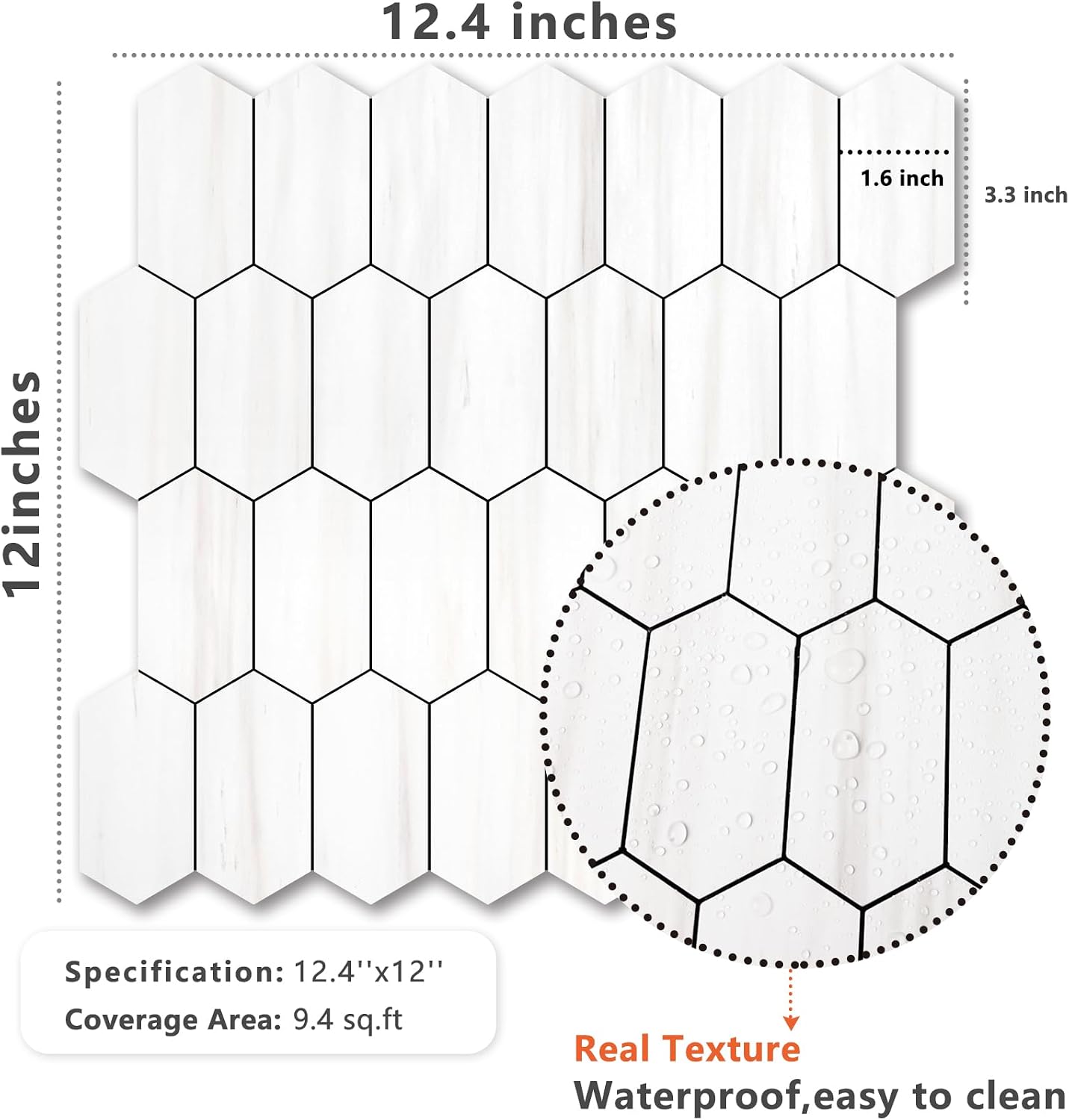 Vamos Tile Long Hexagon Peel and Stick Backsplash Tile - 10 Sheets Stick on Backsplash for Kitchen and Bathroom 12.4 x 12 Inch Glossy Wood Grain PVC Self Adhesive Mosaic Wall Tiles