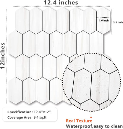 Vamos Tile Long Hexagon Peel and Stick Backsplash Tile - 10 Sheets Stick on Backsplash for Kitchen and Bathroom 12.4 x 12 Inch Glossy Wood Grain PVC Self Adhesive Mosaic Wall Tiles